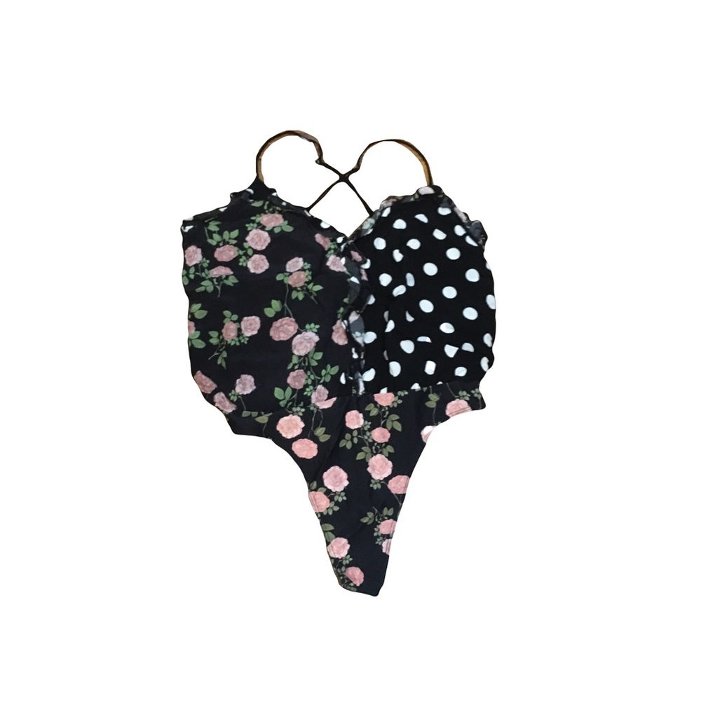 For Love & Lemons Skivvies SMALL pink floral black white polka dot bodysuit